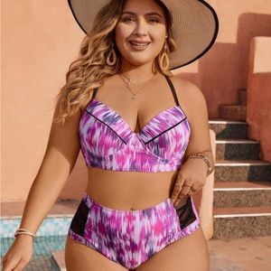 🍉Shein swim classy plus size swim full tie dye print mesh splice bikini NWT 2X